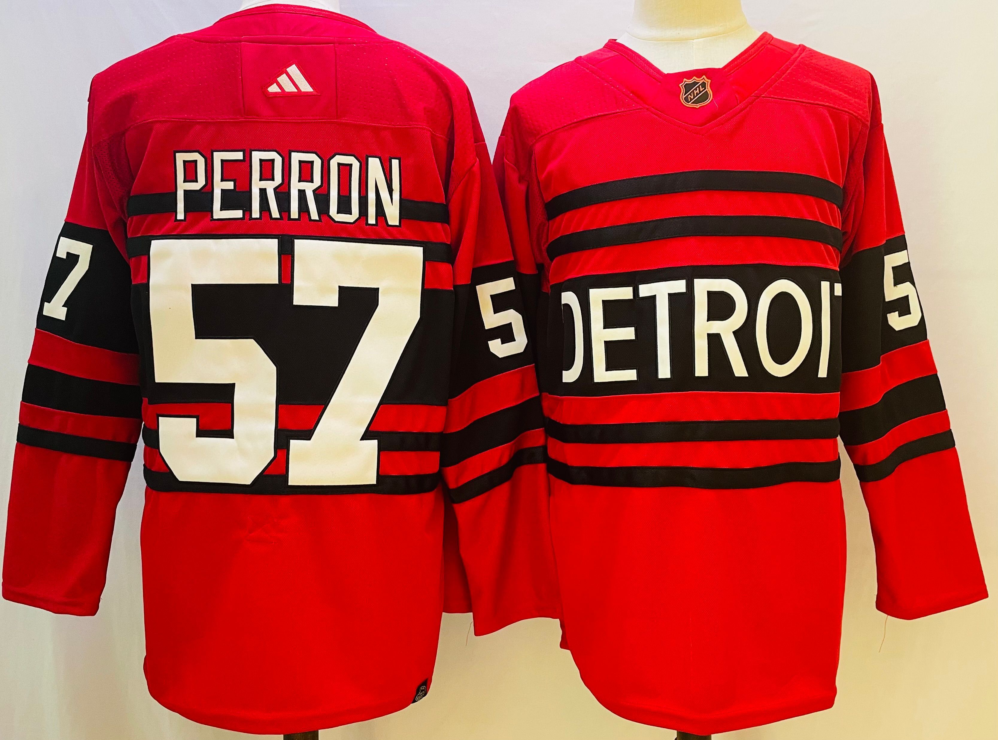 Men Detroit Red Wings #57 Perron Red Throwback 2022 Adidas NHL Jersey
